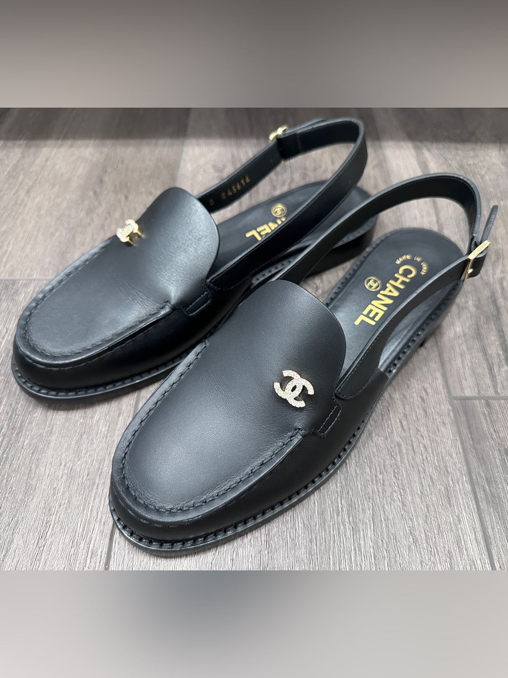 $1.6K 2026 CHANEL BLACK LEATHER LOAFERS SLINGBACK SHOES GOLD STRASS CC LOGO 38 - Picture 10 of 15